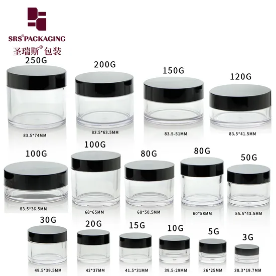 SRS Cosmetic Packaging Eco Friendly 3g 5g 10g 15g 30g 50g 80g 100g 150g Gold Clear AS PETG PET Food Grade Skincare Facemask Cream Nail Hair Plastic Jar 