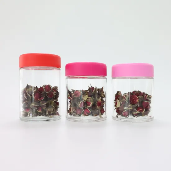 3oz Child Resistant Proof Packaging Clear Round 3.5g 420 Glass Jars Bottles Candy Dry Flower Jar with Bamboo Wood Plastic Aluminum Lid Cap 